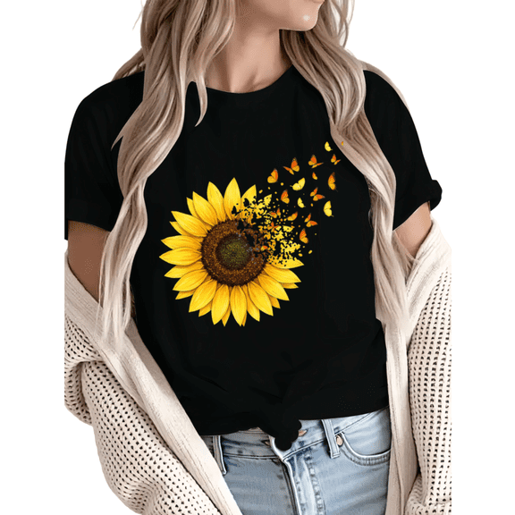 Women fun Sunflower Butterfly Graphic Tees T Shirt Tops Round neck Printed Cotton T Shirt Black S-5XL