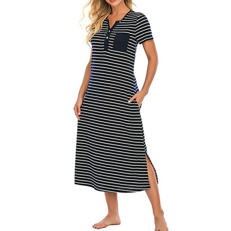 

WBQ Women Soft Loose Nightdress Loungewear Long Striped Nightgowns Short Sleeve Henley Button Down House Dress Sleepwear
