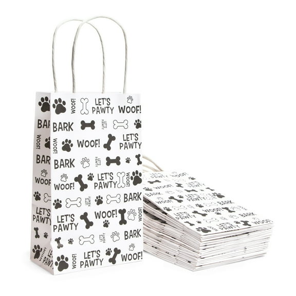 24 Pack Paw Print Gift Bags with Handles For Goodies, Party Favors, Let's Pawty Party Decorations (5.3 x 3.2 x 9 In)