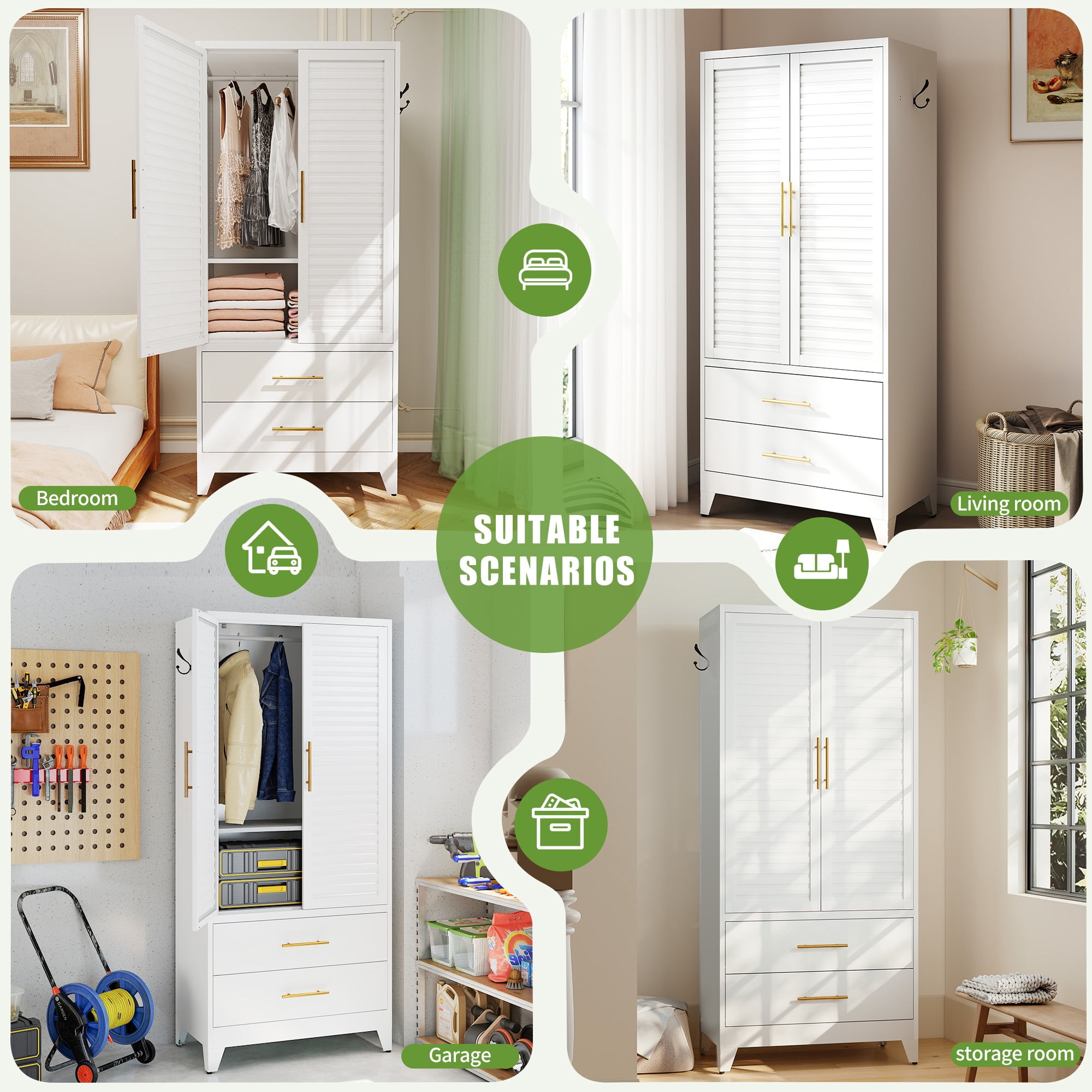 Miniyam 71″ Tall White Metal Wardrobe Closet – 2 Drawers + 2 Doors, Cold Rolled Steel, Easy Assembly – For Apartments, Dorms, Renters
