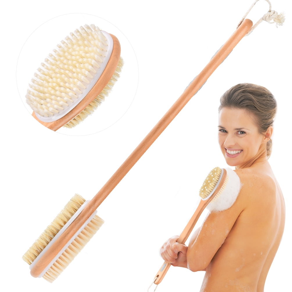 PRETTY SEE Bath Body Brush 100% Natural Bristles with Massage Nodes, Removable Long Handle, Gentle Exfoliation