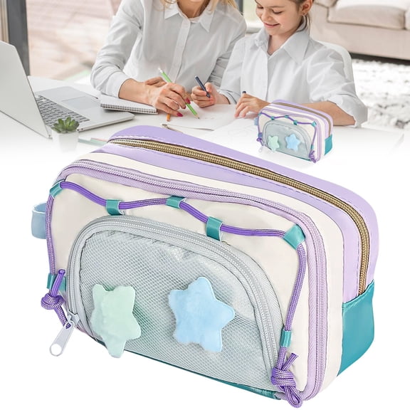 Ghxbdy Portable Multi-Layer Pencil Case, Large Capacity Pen Organizer, Kawaii Stationery Bag, Grey, with Star Pin