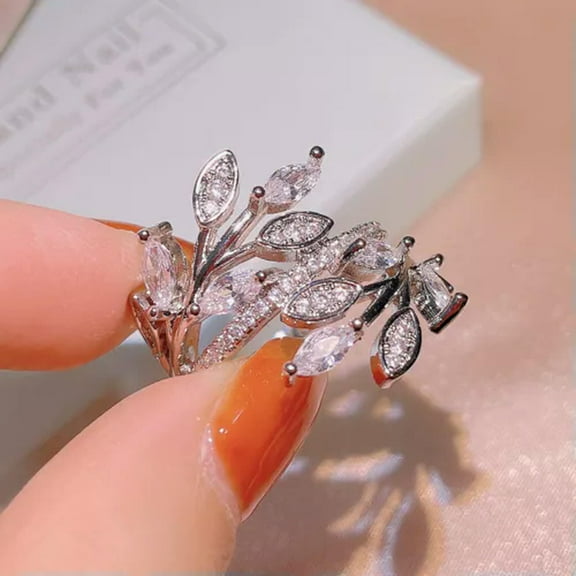 GKNET Fashion Women 925 Sterling Silver Ring Crystal Zircon Leaf Rings Size 6-10-6