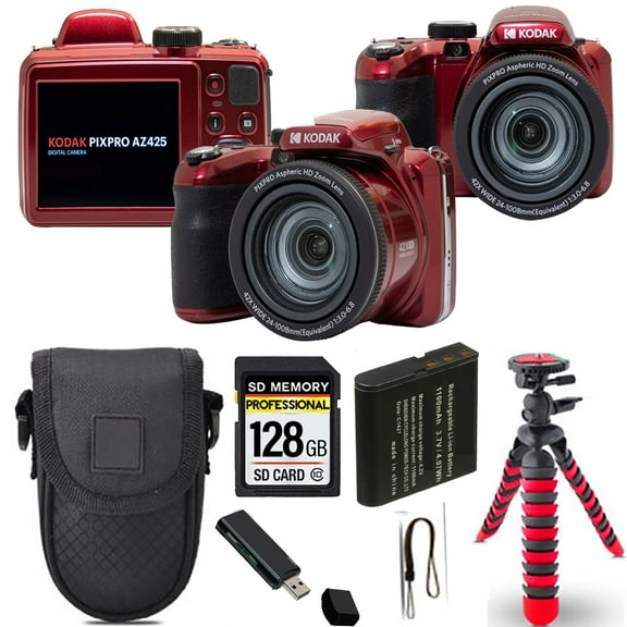 Kodak PIXPRO AZ425 Digital Camera (Red) Spider Tripod Case - 64GB Kit (International Version)