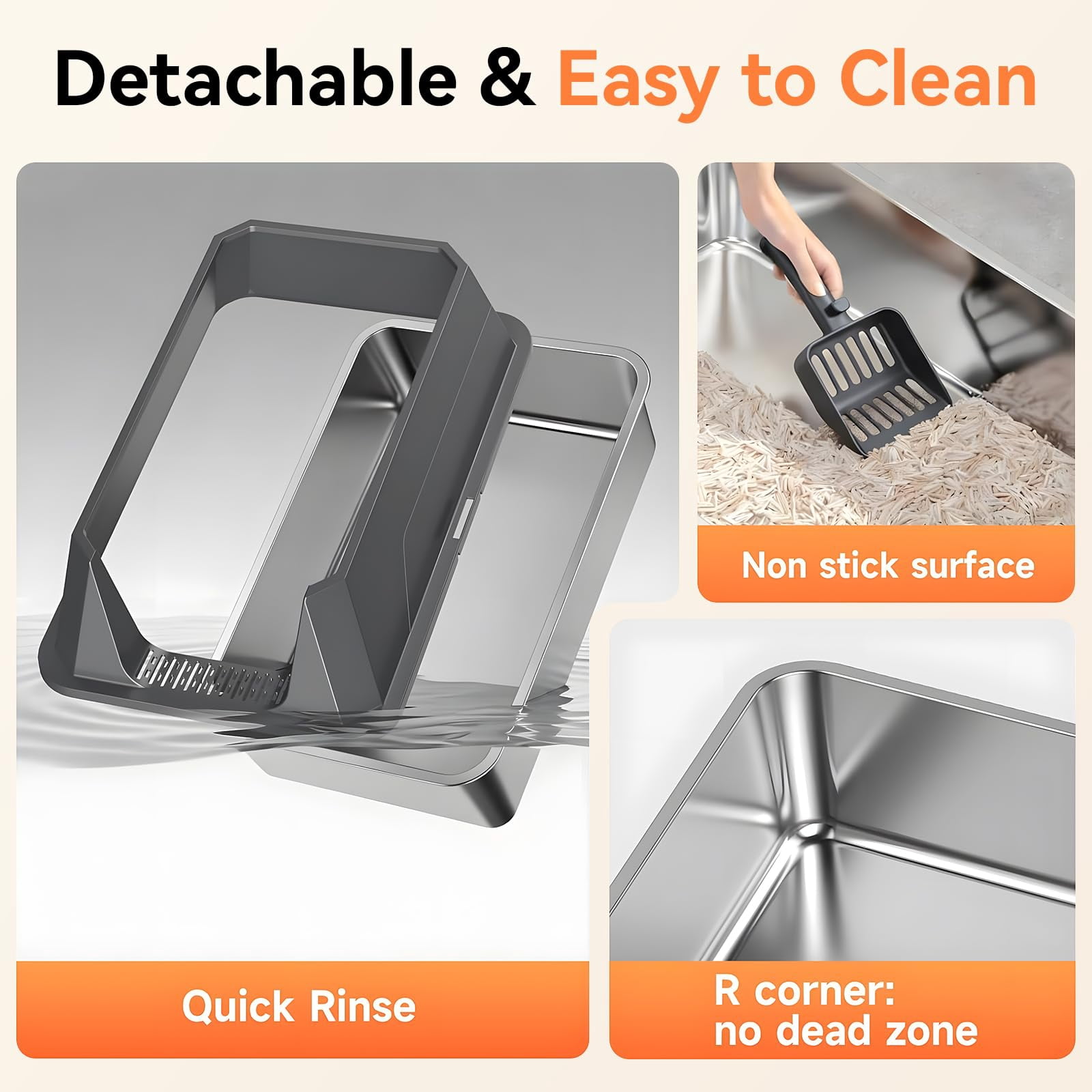 Stainless Steel Litter Box With High Sides  Xl Sided Cat Pan Open Top Extra Large Metal Non-stick Odor Free Leakproof Scoop Included Gray
