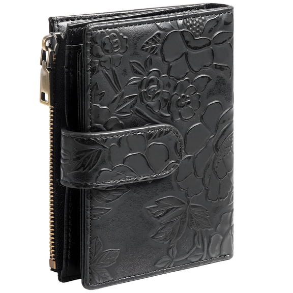 Embossed Black PU Leather Trifold Wallet for Women, RFID Blocking Short Purse with Card Slots, Coin Pocket, Buckle Closure, Metallic Zipper, Credit Card Holder