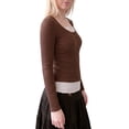 thumbnail image 4 of INSPIRE CHIC Women's Henley Shirts Ribbed Tops Scoop Neck Long Sleeve Contrast Lace Ttim Button Pointelle Front Knit Slim Fit Y2K Casual Going Out Blouses X Small Coffee, 4 of 5