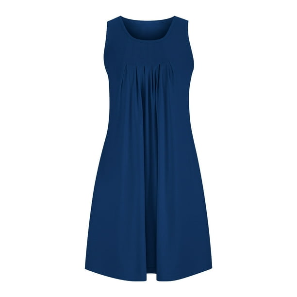 Tdoqot Summer Dresses for Women 2024- Sleeveless Loose Fit Casual Crewneck  Pleats Midi Dresse with Pockets Blue Size M - Walmart Business Supplies