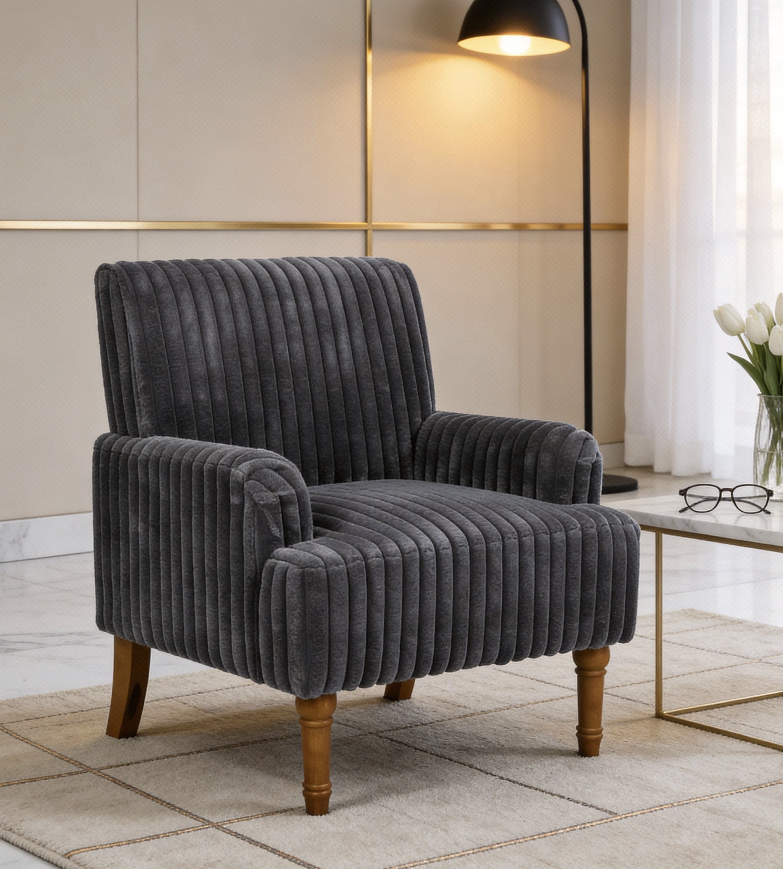 Modern Accent Chair with Wide Wale Corduroy, 9 Inch Solid Wood Legs, Upholstered Armchair with Thick High-Density Foam Cushion for Living Room, Dark Grey