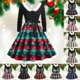 thumbnail image 2 of felwors Women's Plaid Tree and Candy Print Swing Dress with Faux Fur Collar and Belted Waist Brick Red, M, 2 of 6