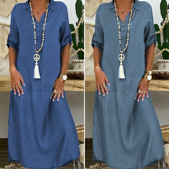 HEVIRGO Women Half Sleeve Side Slitting Hem V-neck Loose Long Denim Dress Streetwear for Daily Life