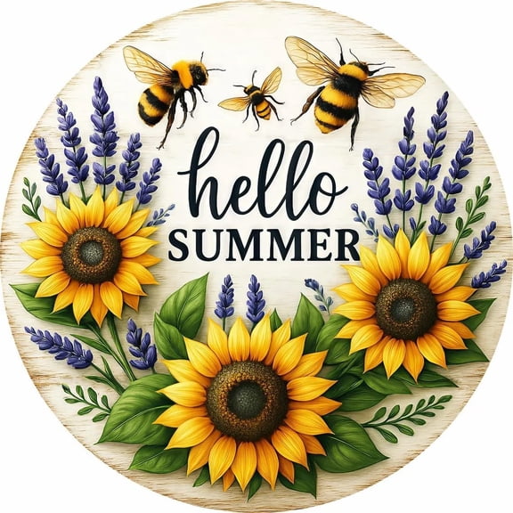 Round Hello Summer Lavender Bee Sunflower Metal Sign, Rustic Country Wall Art Door Hanging, Vintage Aluminum Home Decor, 8 x 8 Inch