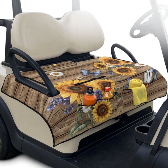 LedBack Sunflower Daisy Print Golf Cart Seat Covers 2 Passenger Butterfly Wood Print Golf Cart Seat Towel Blanket Covers with 4 Front Pockets & Nonskid Bottom, Easy to Install