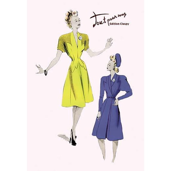 Knee-Length Dresses in Blue and Yellow-Fine Art Canvas Print (20" x 30")