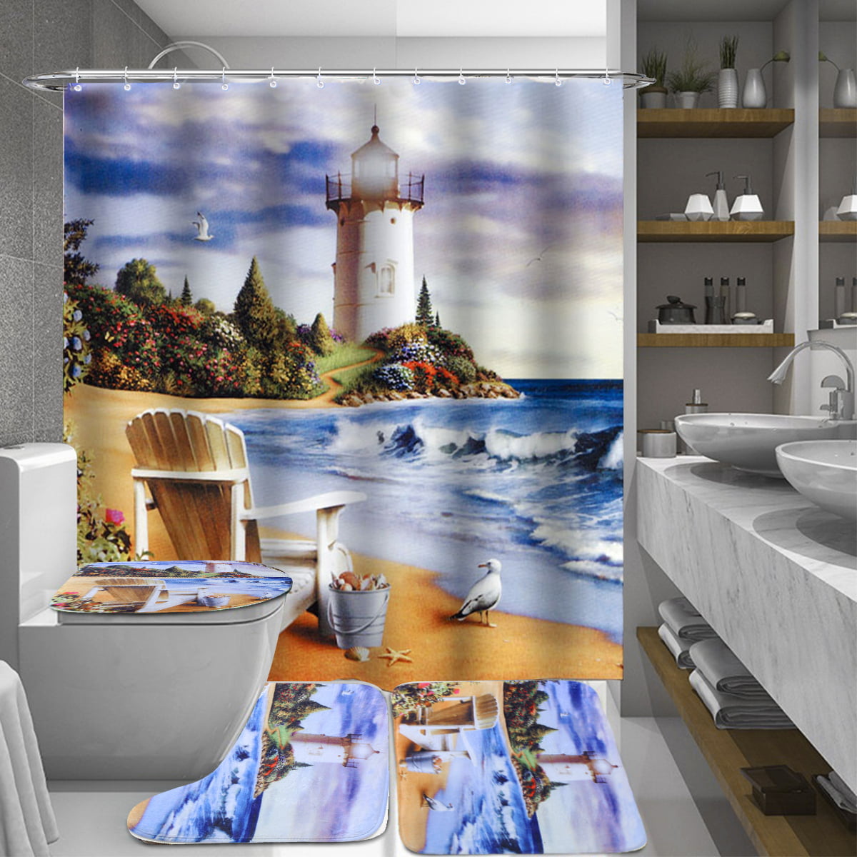 Sea Style  Bathroom Polyester Shower Curtain Non Slip Toilet Cover Rugs Mat Set 
