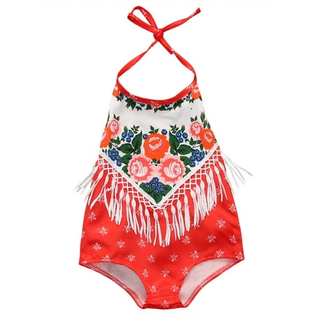 

Gwiyeopda Newborn Baby Floral Printed Halter Tassel Hollow Back Romper Loose One-Piece Jumpsuit 0-24 Months