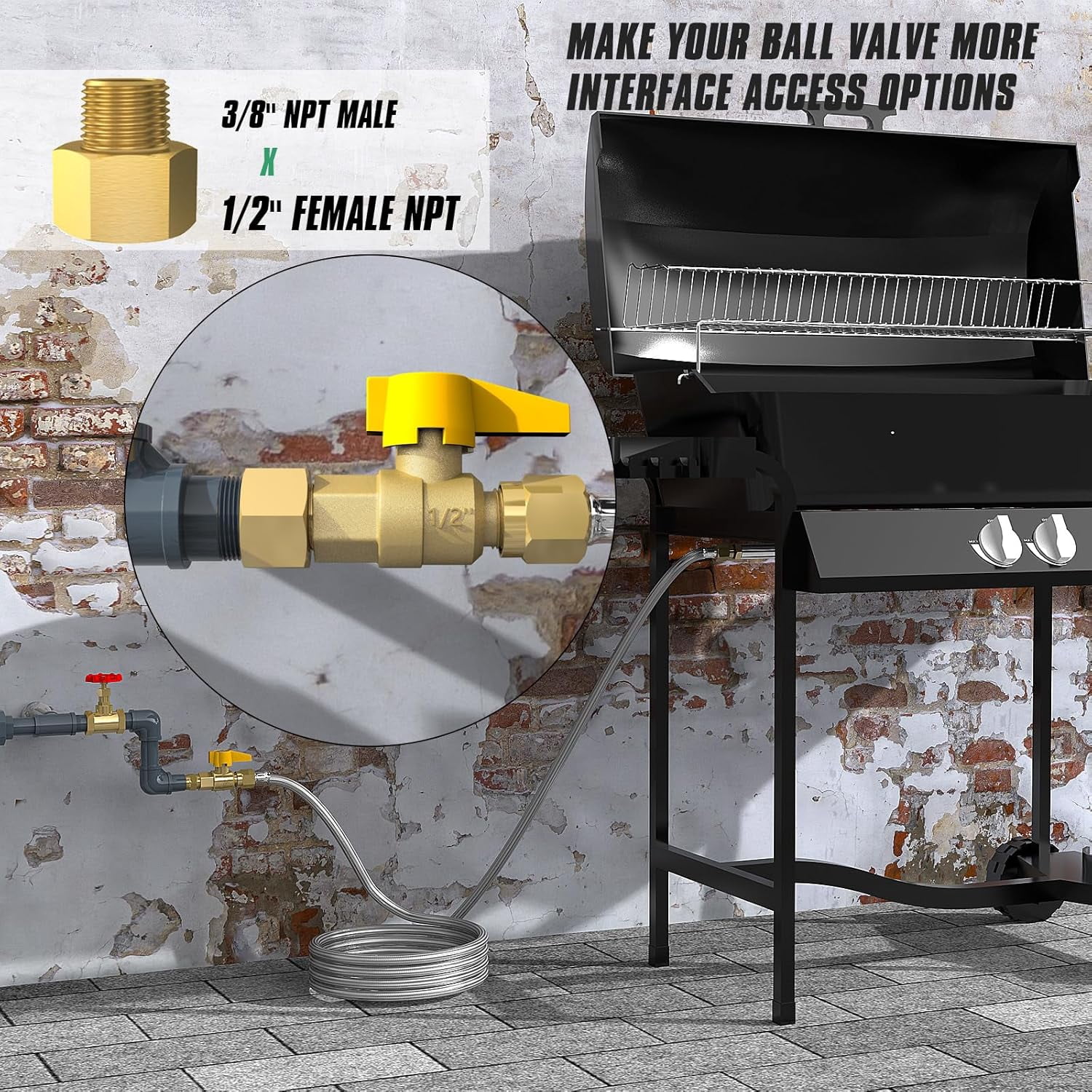 36FT 350PSI High-Pressure Braided Propane Hose, Brass Gas Ball Valve, with Adapters: 3/8" Flare to 1/2" F-NPT, 1/4" & 3/8" M-NPT, for BBQ Grills, Fire Pits, Heaters.