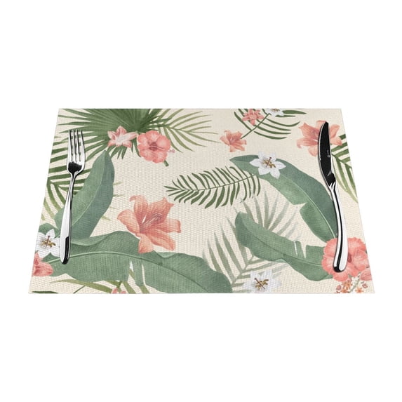 YFYANG Washable Heat-Resistant Placemats, 70% PVC/30% Polyester, Tropical Plant Flower Pattern Kitchen Table Mat, 12" x 18" 4 Pcs