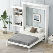Euroco Wood Queen Size Murphy Bed with Storage Cabinets and Shelves, Wall Bed with Desk, White