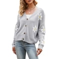 thumbnail image 1 of Womens Flower Pattern Long Sleeve Loose Knitwear Sweater V-Neck Button Down Knitted Cardigan, 1 of 4