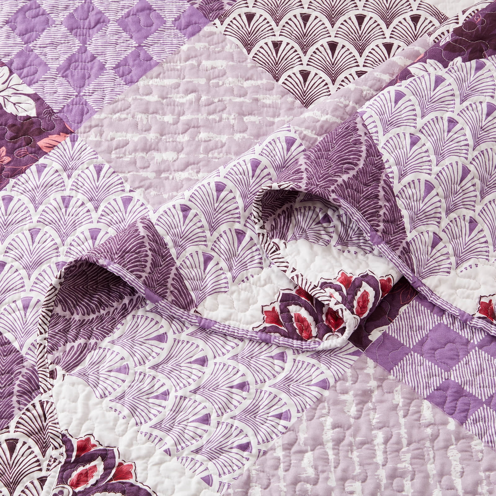 3-Piece Full/Queen Size Quilt Set - Purple Patchwork Bedspread Coverlet with 2 Pillow Shams, Microfiber
