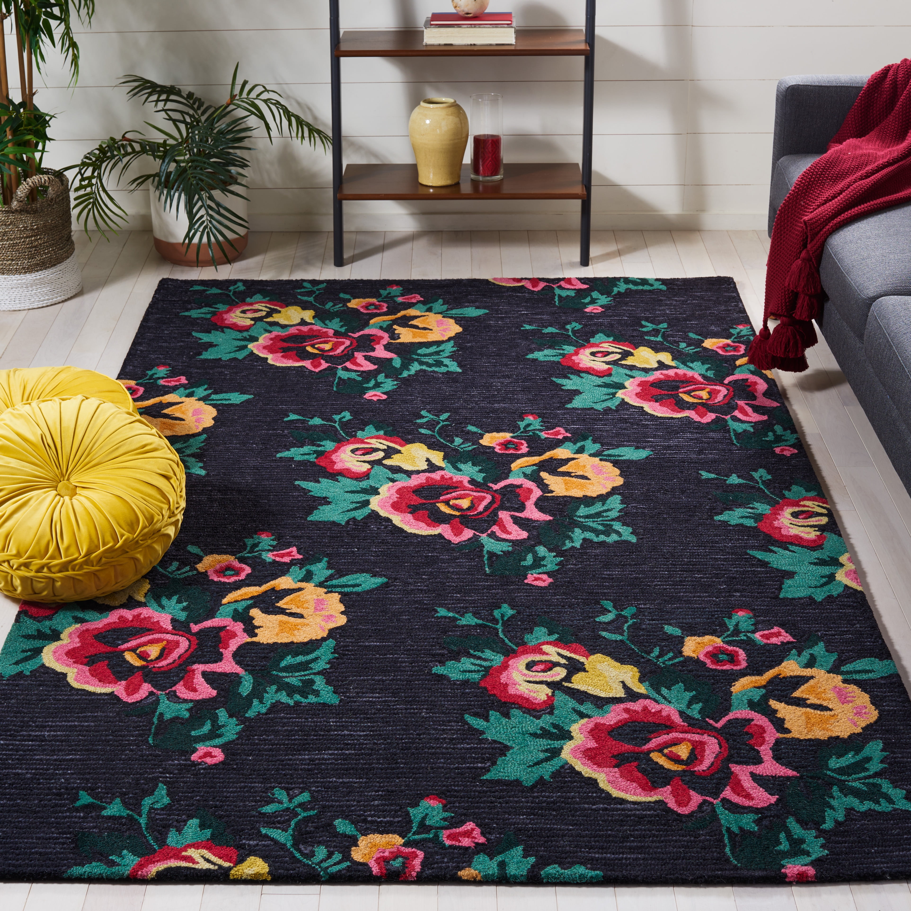 SAFAVIEH Jardin Rumen Floral Wool Area Rug, Black/Pink, 5' x 8'