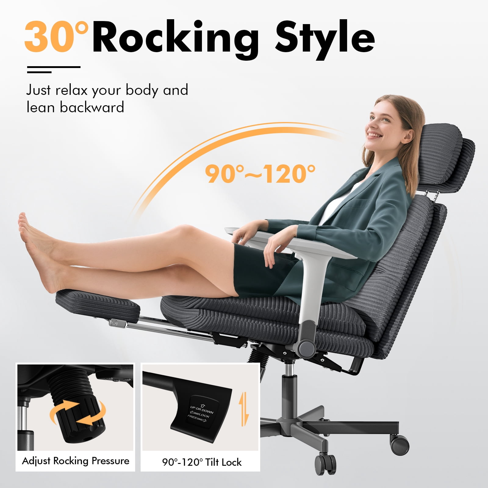 Genpo Criss Cross Chair with Wheels & Flip-up Arms, Executive Office Chair with Foot Rest, Swivel Cross Legged Office Chair, Black Corduroy Fabric Comfy Computer Desk Chair, Vanity Chair for Home