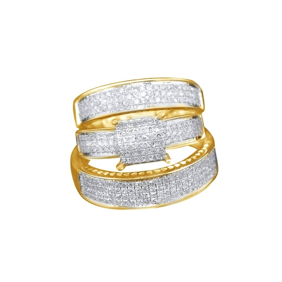 AFFY White Natural Diamond Engagement & Wedding Trio Band Ring Set In 10k Yellow Gold (1 Cttw)