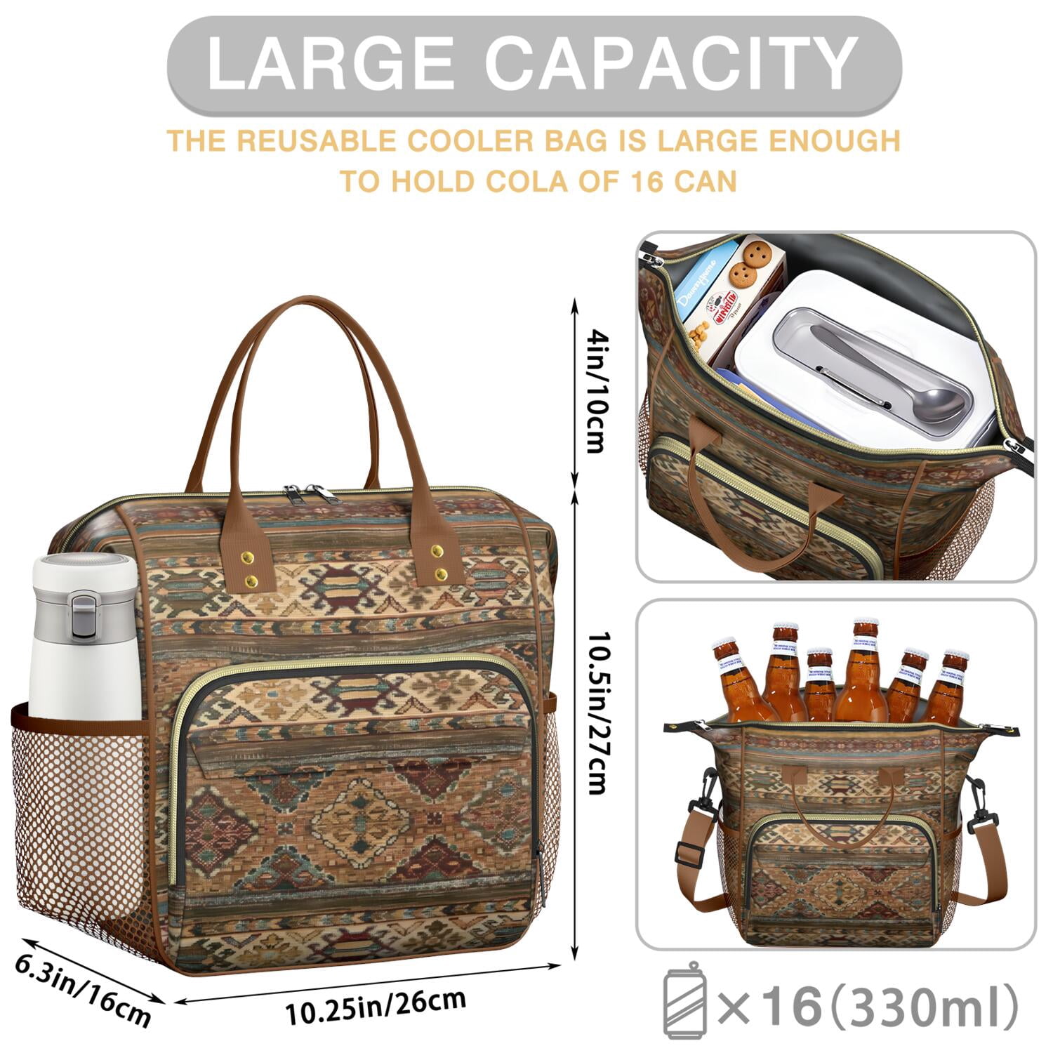Vintage Floral Lunch Bag for Women – Large Insulated Lunch Box with Adjustable Strap, Leakproof Cooler Tote with Artistic Bohemian Style for Work, Beach, or Teachers