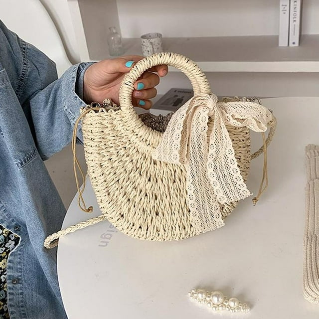CHUANK Crossbody Bag Moon Shape Large Capacity Straw Multipurpose Single Shoulder Strap Bag for Beach