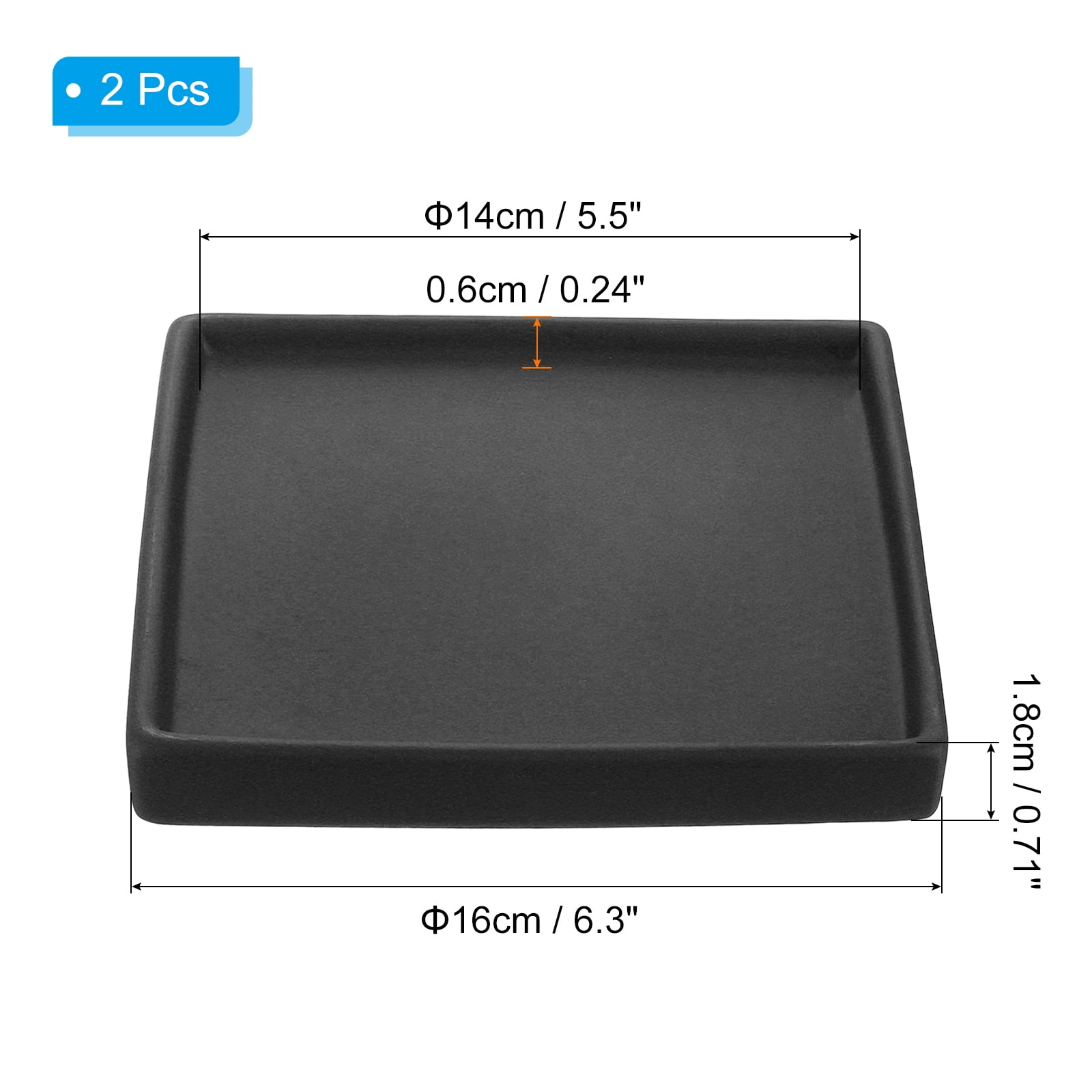 Plant Pot Saucers 6.3 Inch, Ceramic Square Flower Tray for Indoor, Black 2 Pack
