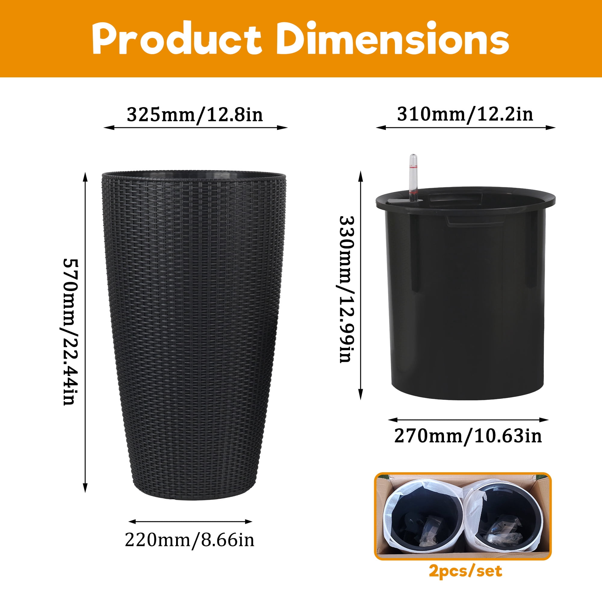 Black Polypropylene Set of 2 Tall Planters - 22.17 in H for Indoor Outdoor Use