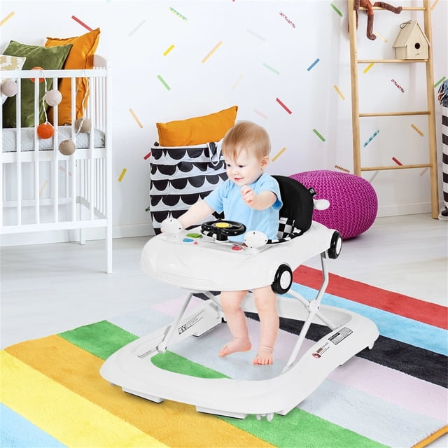 Costway Andador 2 en 1 y Asiento con Altura Regulable Música Luces y Espejo Primeros Pasos para Niños 6-18 meses Blanco 78,5 x 64,5 x (31,5-57) cm