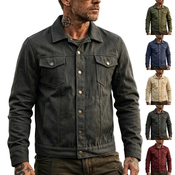 MXALUOB Men's Fall Jacket Point Collar Stylish Trucker Jackets with Flap Pockets Button Front Casual Workwear Regular Fit Outerwear