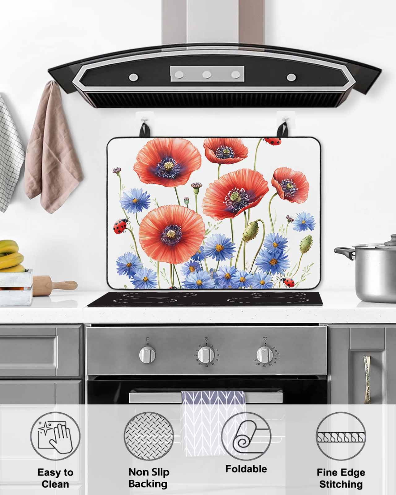 nqOlkjepod Large Induction Cooktop Protector Mat 24"x21", Independence Day Stove Top Covers for Electric Stove, Vintage Flower Watercolor Red Blue Stove Burner Cover Mats, Glass Top Stove Cover