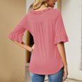 thumbnail image 4 of Camiseta Casual Falbala Cuello En V Media Manga Acampanada Tops Sueltos De Moda Básicos Para Mujer Rosa L, 4 of 6