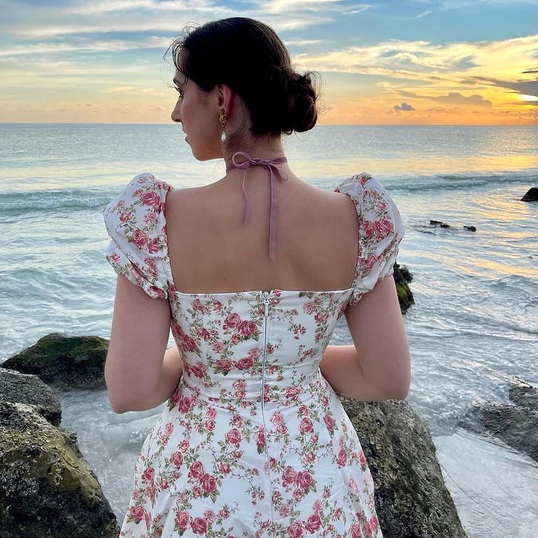 spring dresses 2024 casual Womens Summer Floral Midi Dress 2024 Casual Boho Dresses Short Sleeve  A-line Square Neck Tie Front Cutout Spring Dress