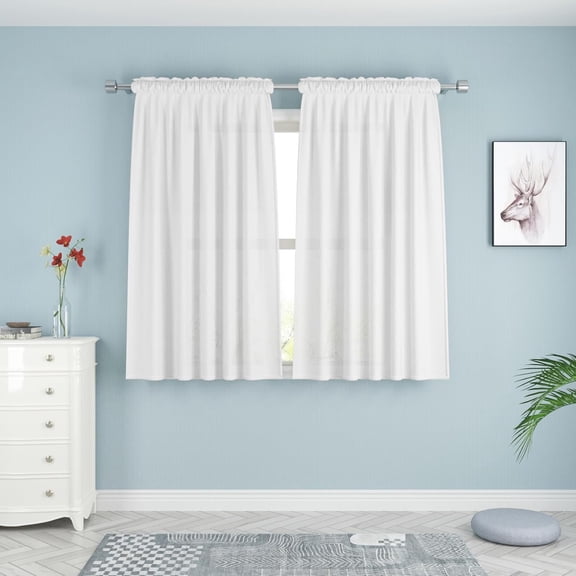 MKEUDQ-White Curtains Privacy Curtains 45 inches Long Linen Textured Kitchen Semi Sheer Drapes Living Room Bedroom Basement Window Curtain 2 Panels Rod Pocket