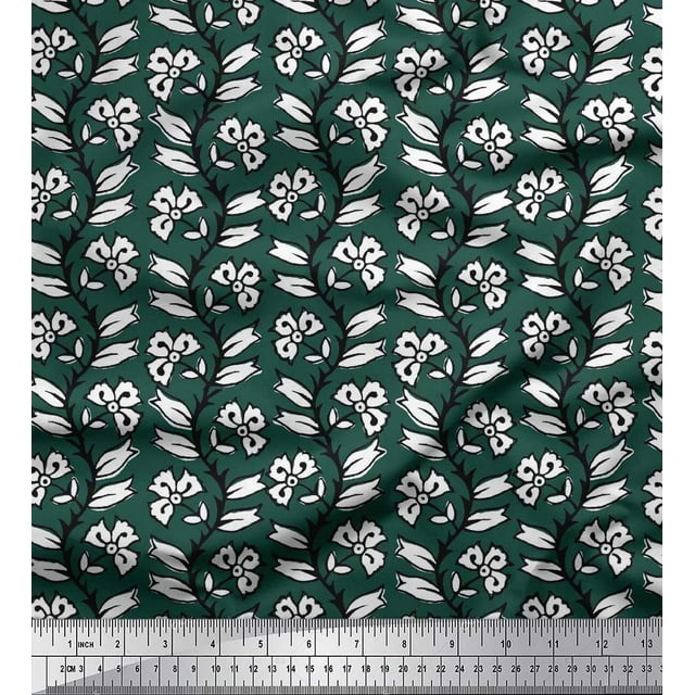 Soimoi Moss Georgette Fabric Leaves & Floral Block Print Fabric by Yard 42 Inch Wide