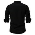 thumbnail image 3 of YLSDY Men Henley Neck Long Sleeve Daily Look Linen Shirts Solid Color Jacquard Button Down Long Sleeve Stand Collar Tops Black L, 3 of 3