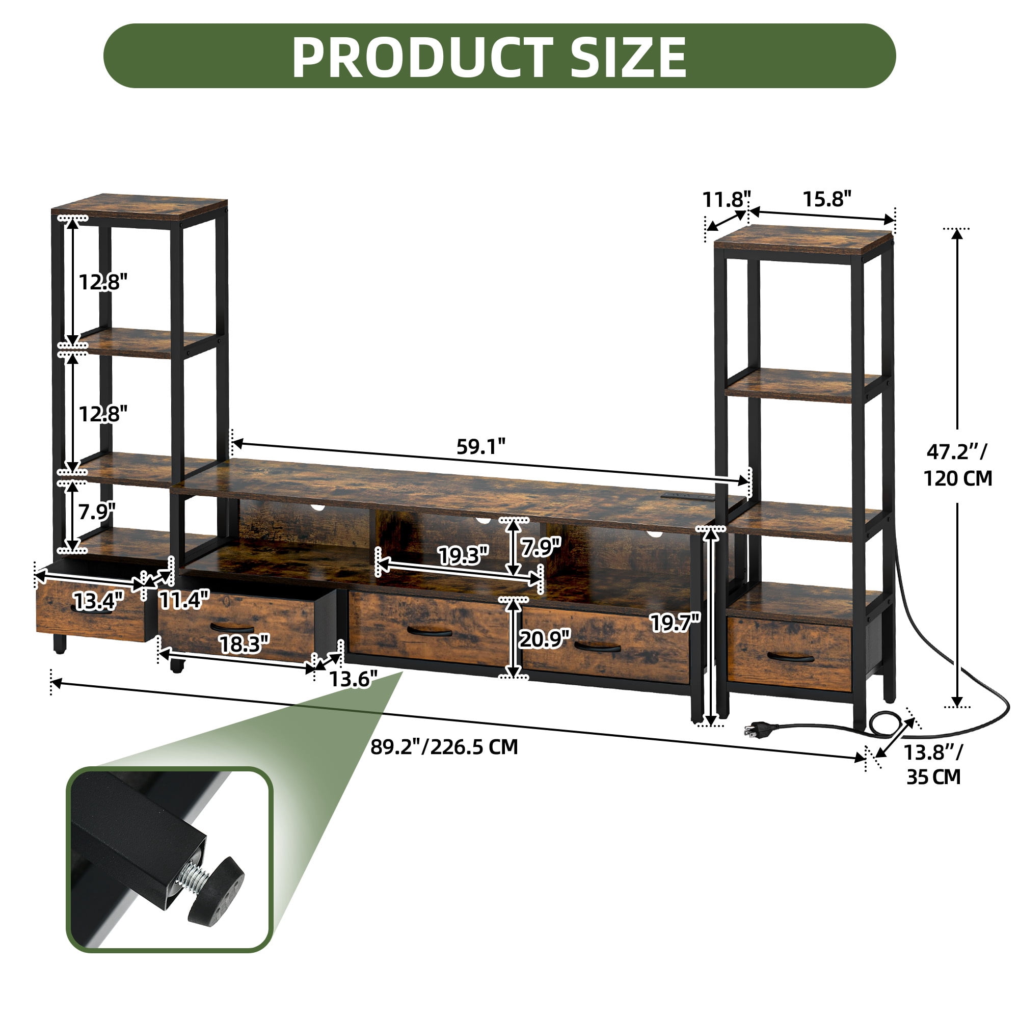Uforic Modern Rustic Wood Metal Frame TV Stand with Remote Control LED Lights, USB Ports, Multi-Layer Storage Shelves & Fabric Drawers for Home Living Room, Rustic Brown