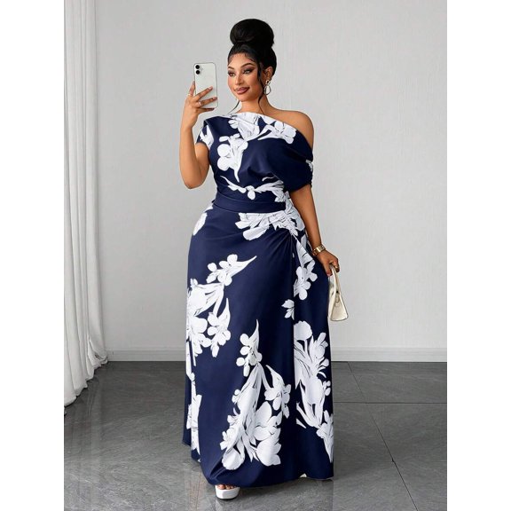 Blue Plus Size Green Floral Print One Shoulder Cinched Waist Ruched