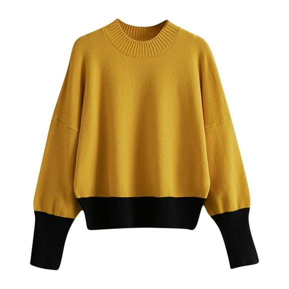 HAiming Color Block Sweater for Women Cotton Knitted Tops Oversized Pullover Casual Loose Long Sleeve Crew Neck Blouse