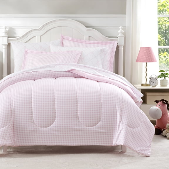 Dream Factory 5-Piece Checkered Bows Bed in a Bag, Pink, Twin