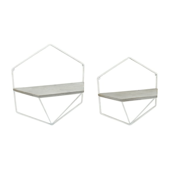 Wall Mounted Geometric Shelves for Home Decor - Metal And Wood Hanging Storage Organizer for Living Room, Bedroom, or Entryway - Wall Organizer Storage for Bathroom - Set of 2, 17", 16", White & Gray
