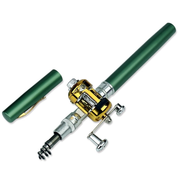 Mini Lure Fishing Rod and Reel Set, Pen Shaped Telescoping Fishing Pole,Collapsible Pocket Size Rod Kit,Green,Aluminium Alloy
