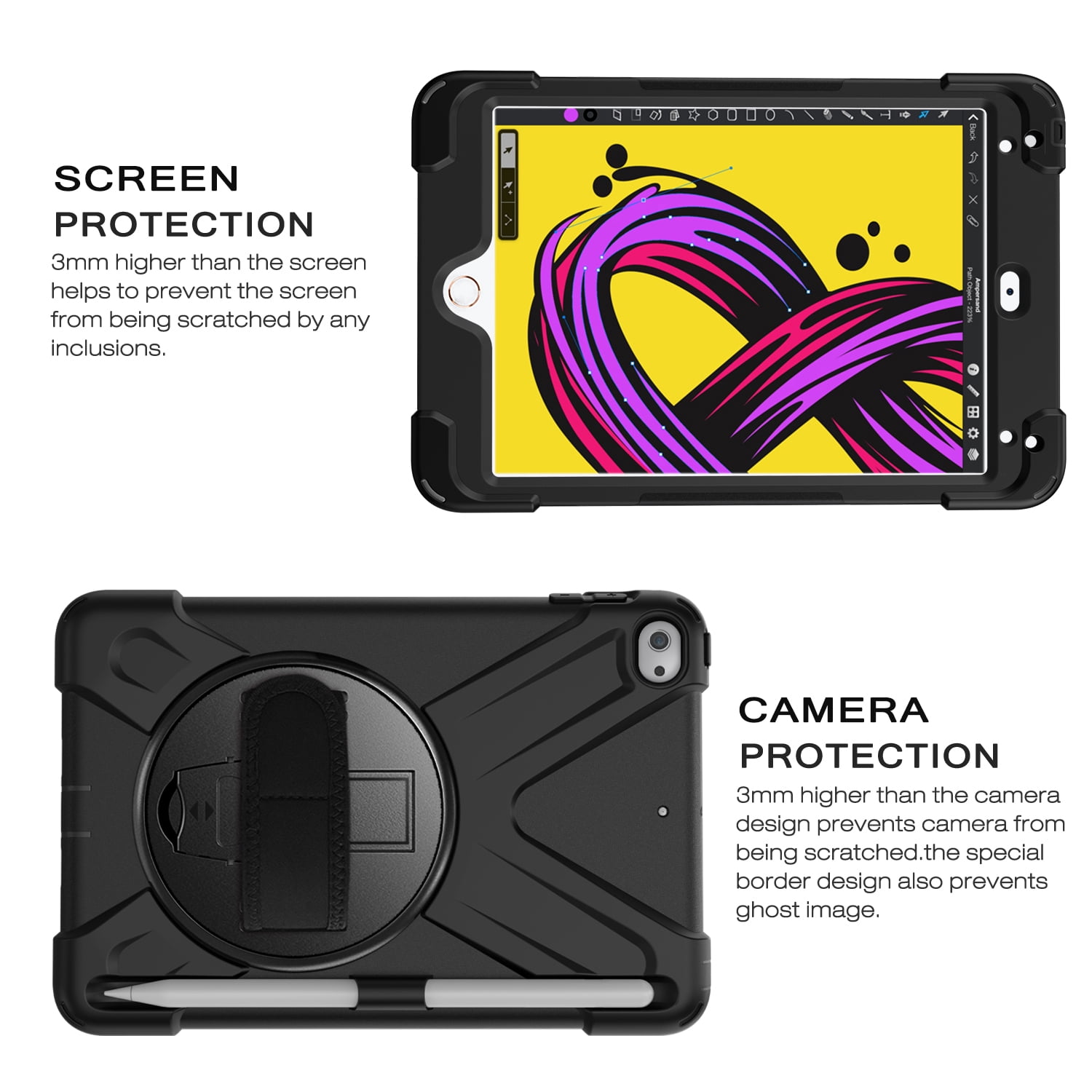 iPad 6th/5th Generation Case Kids, iPad 9.7 Case with Pencil Holder, Heavy Duty Shockproof Protective Rugged iPad 9.7 Case with Stand/Hand Strap for iPad Air 9.7-inch 2018/2017 - BLACK