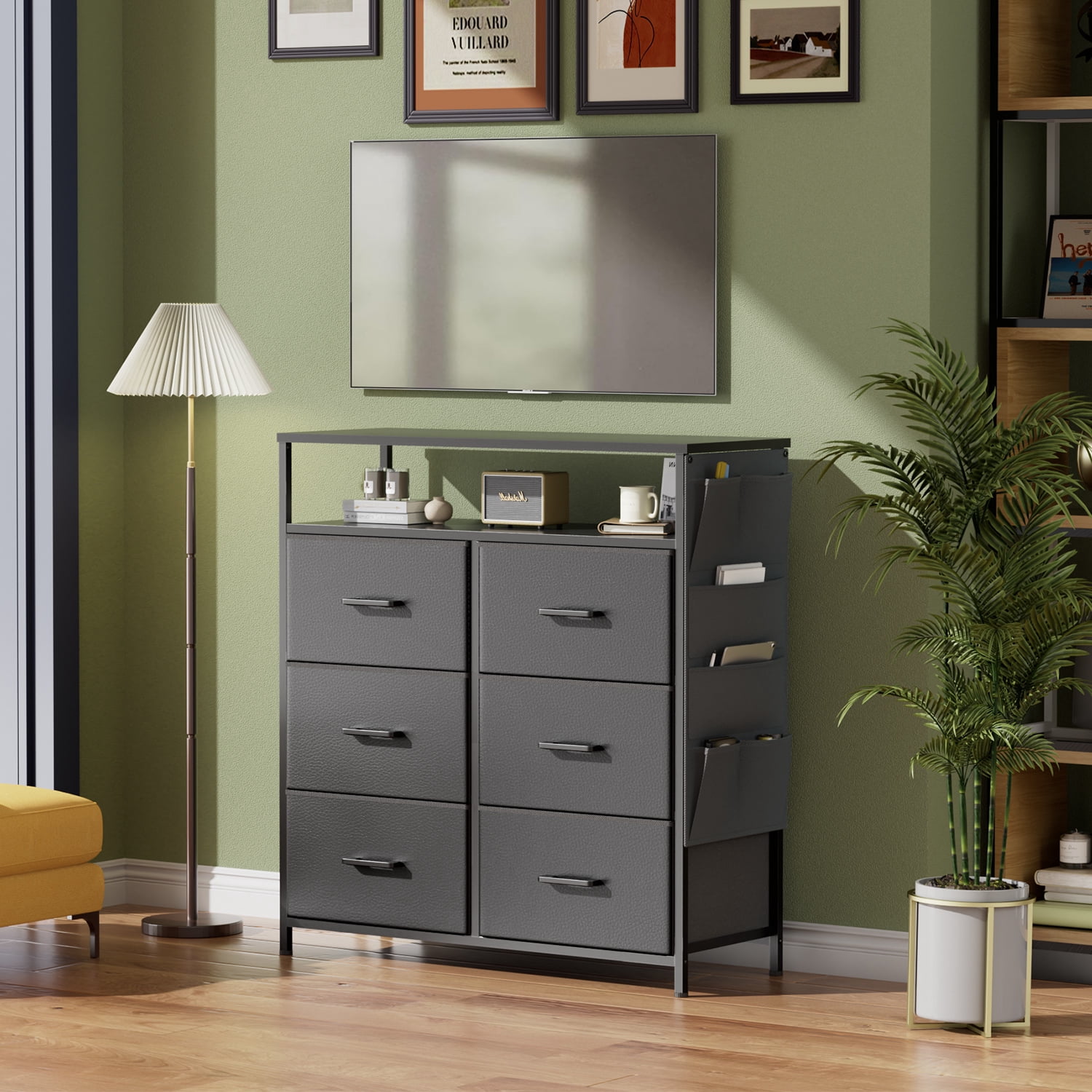 HLDIRECT Dresser for Bedroom with 6 Drawers, Fabric Chest of Drawers with Open Shelves & Side Storage Bags, Storage Cabinet with LED Lights for Living Room, Closet, Entryway, Gray