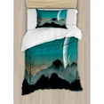 thumbnail image 3 of Space Duvet Cover Set, Night Sky on Mountain Range Forest Crescent Moon Star Cosmic Infinity Astral Graphic, Decorative 3 Piece Bedding Set with 2 Pillow Shams, King Size, Teal Black, by Ambesonne, 3 of 3