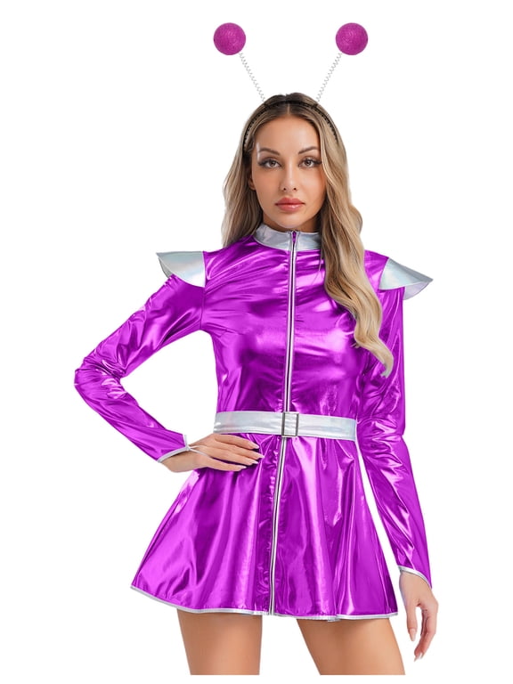 Womens Alien Themed Outfits Set Metallic Shiny Robot Outfits Fancy Dress Rave Outfits for Carnival Purple XL